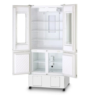 PHCbi pharmaceutical refrigerator with integrated -30°C freezer, OLED display, independent cooling systems, and 462L total storage capacity