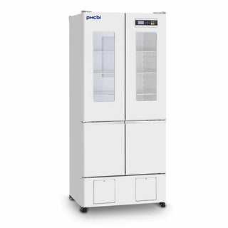 PHCbi pharmaceutical refrigerator with integrated -30°C freezer, OLED display, independent cooling systems, and 462L total storage capacity