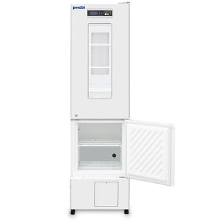 PHCbi pharmaceutical refrigerator with integrated -30°C freezer, OLED display, independent cooling systems, and compact laboratory storage