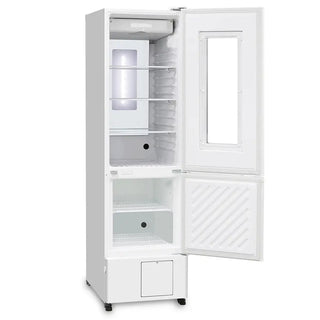 PHCbi pharmaceutical refrigerator with integrated -30°C freezer, OLED display, independent cooling systems, and compact laboratory storage