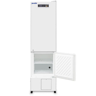 PHCbi pharmaceutical refrigerator with integrated -30°C freezer, OLED display, independent cooling systems, and compact laboratory storage