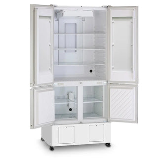 PHCbi pharmaceutical refrigerator with integrated -30°C freezer, OLED display, independent cooling systems, and 462L total storage capacity