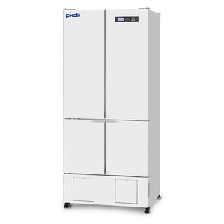 PHCbi pharmaceutical refrigerator with integrated -30°C freezer, OLED display, independent cooling systems, and 462L total storage capacity