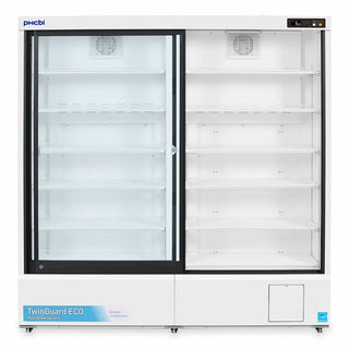 PHCbi TwinGuard ECO pharmaceutical refrigerator with insulated sliding glass doors, OLED display, dual cooling circuits, and 1165L capacity