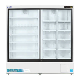 PHCbi TwinGuard ECO pharmaceutical refrigerator with insulated sliding glass doors, OLED display, dual cooling circuits, and 1165L capacity