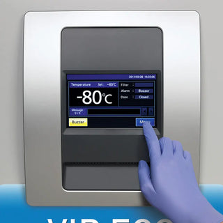 PHCbi VIP ECO -86°C upright ultra low temperature freezer with natural refrigerants, VIP Plus insulation, LCD touchscreen, and EZlatch door handle