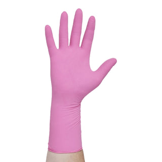 PINK UNDERGUARD 1123602_CS,Nitrile Exam Glove, Medium, Extended Cuff, Textured Fingertips,Pink on a white background