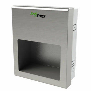 Palmer Fixture HD0945-09 EcoStorm recessed high-speed hand dryer in brushed stainless steel installed flush within a commercial restroom wall.