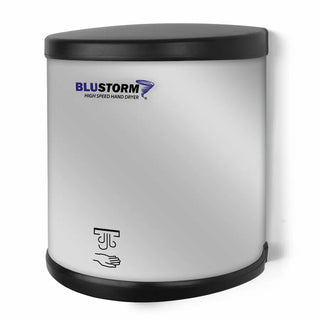 Palmer Fixture BluStorm HD0950 brushed stainless steel touchless high-speed hand dryer with Blue Light Technology for commercial restrooms.