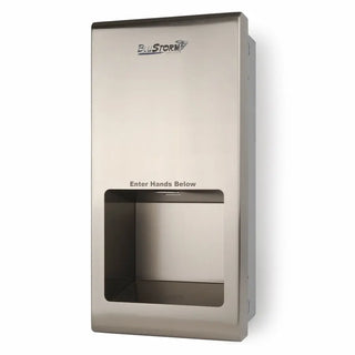 Palmer Fixture HD0955-09 BluStorm recessed high-speed hand dryer in brushed stainless steel with ADA-compliant commercial wall installation.