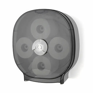 Palmer Fixture RD0044 four-roll carousel toilet tissue dispenser in dark translucent finish with a wall-mounted commercial design.