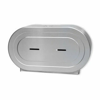 Palmer Fixture RD0327 twin 9-inch jumbo tissue dispenser in brushed stainless steel with dual-roll capacity and locking wall-mounted design.