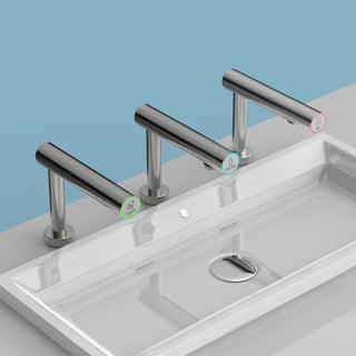 Commercial restroom featuring the Palmer Fixture EcoTap touchless foam soap dispenser mounted on a countertop with brushed stainless steel finish.