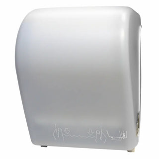 Palmer Fixture TD0201 mechanical auto-cut roll towel dispenser with a black translucent cover and touchless wall-mounted commercial design.