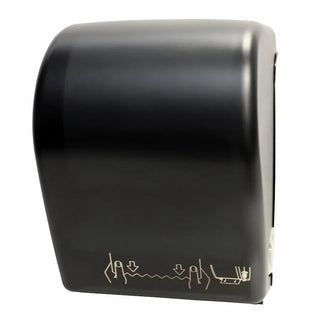 Palmer Fixture TD0201 mechanical auto-cut roll towel dispenser with a black translucent cover and touchless wall-mounted commercial design.
