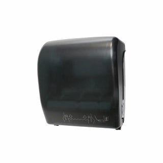 Palmer Fixture TD0202 mechanical hands-free roll towel dispenser with a black translucent cover and compact wall-mounted commercial design.
