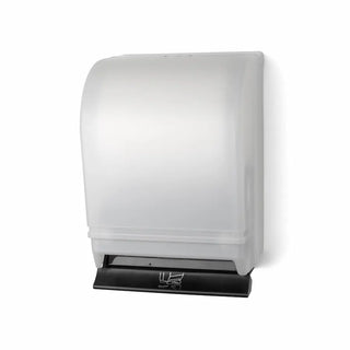 Palmer Fixture TD0215 auto-transfer push bar roll towel dispenser with a black translucent cover and heavy-duty metal body for commercial restrooms.