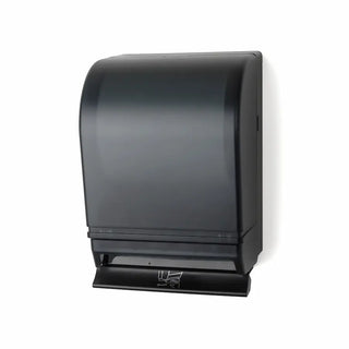 Palmer Fixture TD0216 auto-transfer push bar roll towel dispenser with a black translucent cover and durable plastic body for commercial restroom wall installation.