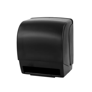 Palmer Fixture TD0230 electronic roll towel dispenser with Butler Feature in black translucent finish, wall mounted for commercial restroom use.