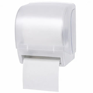 Palmer Fixture TD0230 electronic roll towel dispenser with Butler Feature in black translucent finish, wall mounted for commercial restroom use.