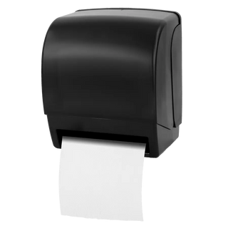 Palmer Fixture TD0230 electronic roll towel dispenser with Butler Feature in black translucent finish, wall mounted for commercial restroom use.