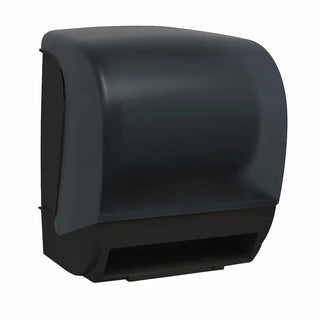 Palmer Fixture TD0235 electronic hands-free roll towel dispenser in black translucent finish with a compact wall-mounted design for commercial restrooms.