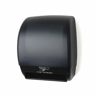 Palmer Fixture TD0245 Electra touchless roll towel dispenser in black translucent finish with automatic hands-free paper dispensing for commercial restrooms.