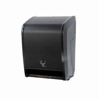 Palmer Fixture TD0265 premium touchless paper towel dispenser in black matte finish featuring shielded infrared sensor technology and semi-translucent side panels.