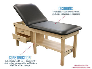 Pivotal Health 6 Leg Edge Sport Wood Treatment Table with black cushioned surface and drawers, labeled features on a white background.