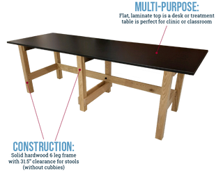 Wooden Pivotal Health Classroom/Lab Treatment Table with black laminate top, labeled for multi-purpose use and construction details.