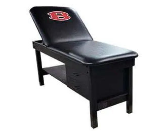 Black Pivotal Health Edge Sport Wood Treatment Table with a logo on a white background