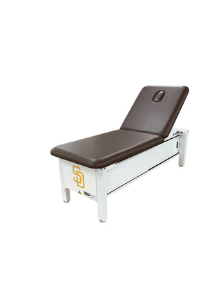 Pivotal Health ME2000 Elevating Treatment Table with brown cushion and white base on a white background