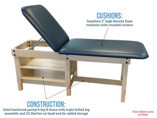 Pivotal Health NSK Wood Treatment Table with blue cushioned lift back and wooden base, labeled 'Cushions' and 'Construction'.