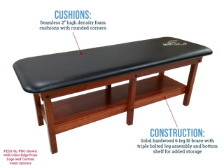 Pivotal Health PRO 6 Leg Edge Sport Wood Treatment Table with wooden frame and black cushioned top, labeled features on a white background.