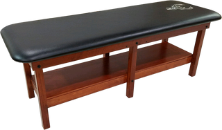 Pivotal Health PRO 6 Leg Edge Sport Wood Treatment Table with black leather top on a white background