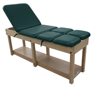 Wooden Pivotal Health PT9080 HIP & KNEE FLEXION Treatment Table with green cushions on a white background