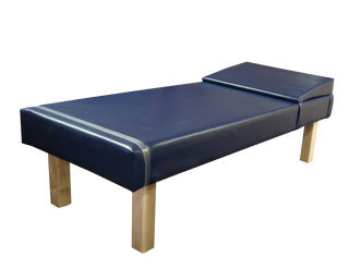 Blue Pivotal Health Recovery Couch with Wood Legs on a white background