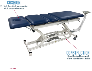 Blue Pivotal Health THERA-P™ Traction Table with labeled cushion and construction details on a white background