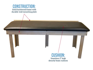 Pivotal Health Wall Mount Folding Treatment Table with cushion and construction details on a white background