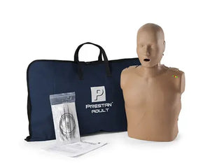 CPR training mannequin with carrying bag and accessories on a white background