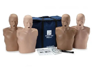 Set of CPR mannequins with a blue carrying bag on a white background