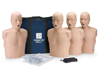 Set of CPR training mannequins with a blue carrying case on a white background