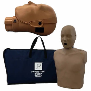 CPR mannequin with face mask and carrying case on a white background