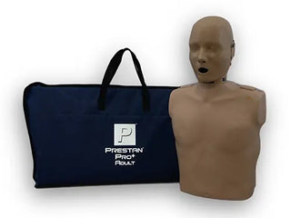 CPR mannequin with carrying case labeled 'Prestan Pro Adult' on a white background
