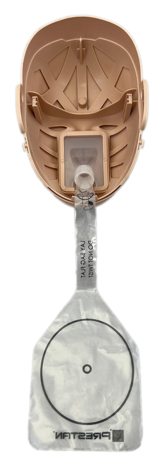 Intravenous drip set with a clear bag and brown pump on a white background
