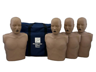 Set of brown mannequin torso training aids with a blue bag featuring 'Preston ProTect' logo on a white background.