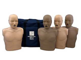 Set of beige mannequin training devices with a blue bag featuring 'Preston ProT Act' branding on a white background.