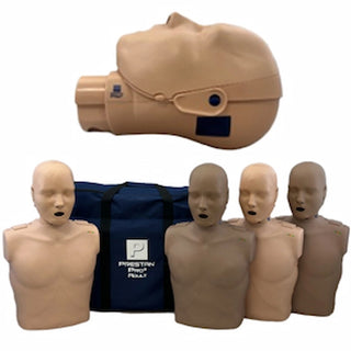 Set of CPR mannequins and face masks with a carrying bag on a white background