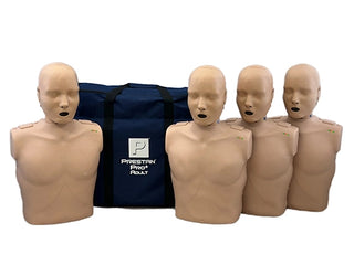 Set of CPR mannequins with a Prestan logo bag on a white background