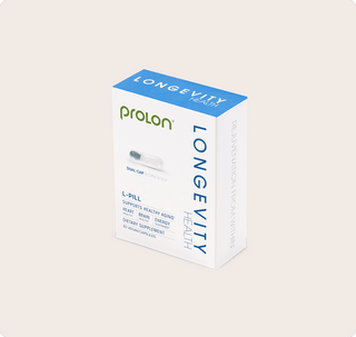 ProLon L-Pill dual-cap vegan capsules shown outside the carton